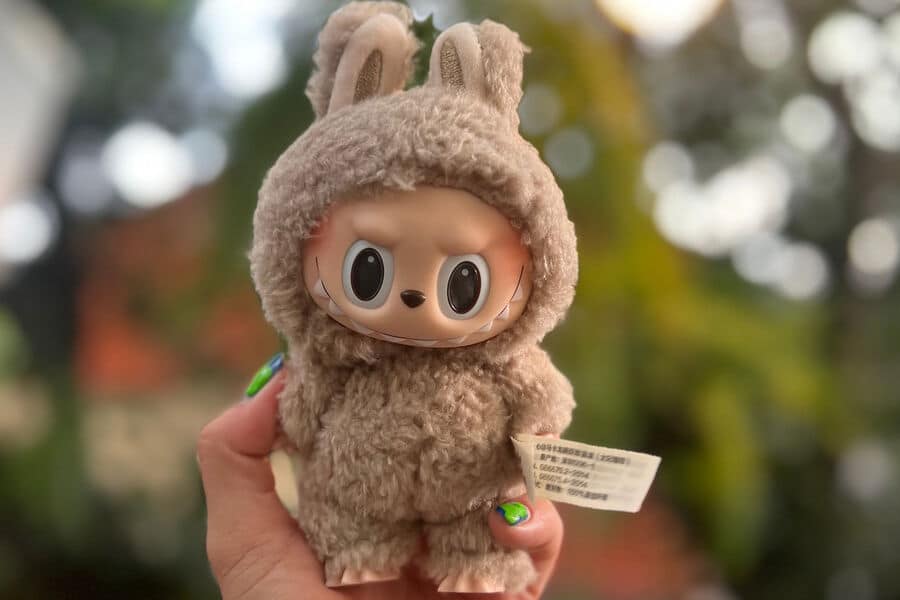 Девушка держит в руках коричневую игрушку Labubu