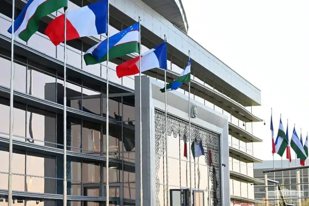Uzbekistan and France flags at the airport