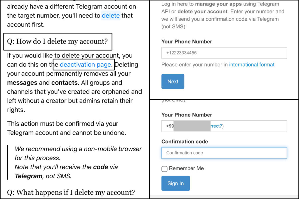 Второй этап удаления аккаунта в Telegram