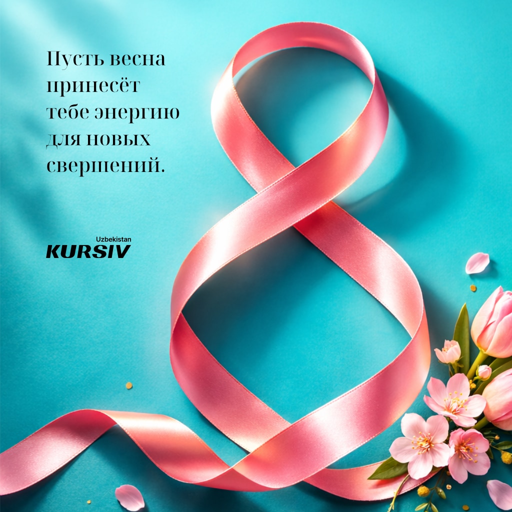 Открытка к 8 марта с розовой лентой в форме цифры 8 на голубом фоне и надписью «Пусть весна принесет тебе энергию для новых свершений»
