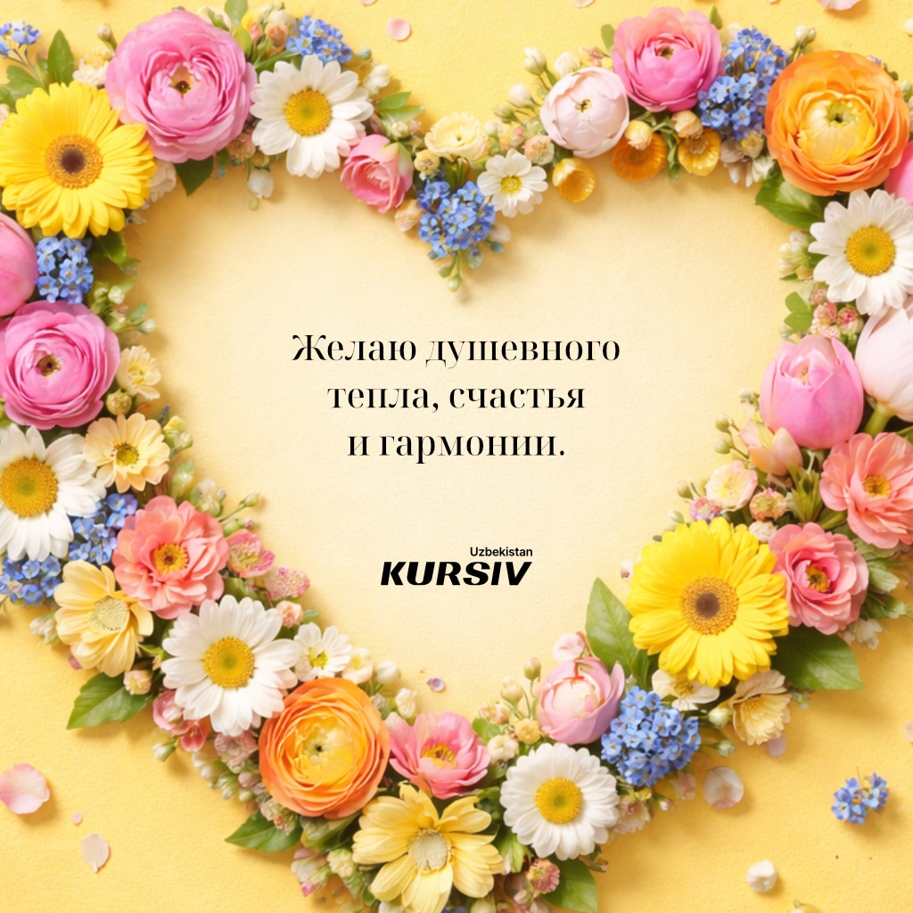 Открытка к 8 марта с цветочным сердцем из ромашек, тюльпанов и весенних цветов и надписью «Желаю душевного тепла, счастья и гармонии»