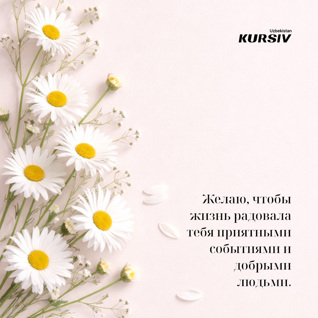 Открытка к 8 марта с белыми ромашками и пожеланием «Желаю, чтобы жизнь радовала тебя приятными событиями и добрыми людьми»