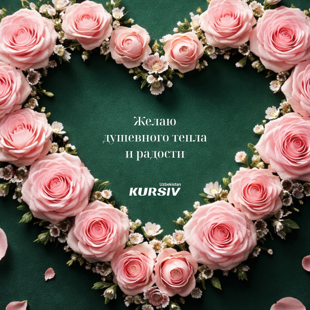 Открытка к 8 марта с сердцем из роз и надписью «Желаю душевного тепла и радости»