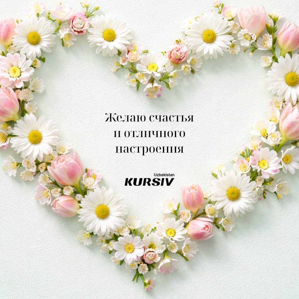 Открытка к 8 марта с цветочным сердцем из ромашек и тюльпанов и надписью «Желаю счастья и отличного настроения»