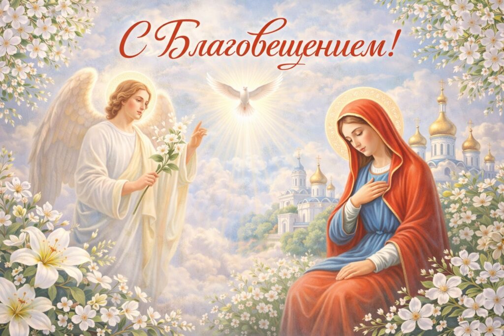 Ангел, Мария и голубь она фоне церквей, открытка