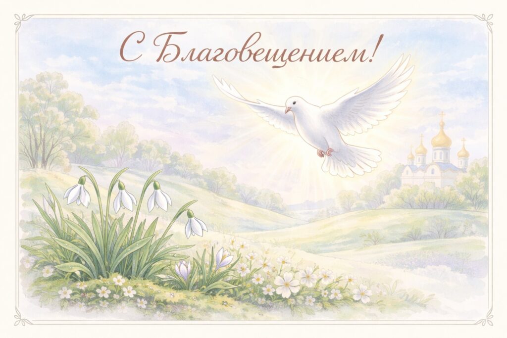 С благовещением голубь на фоне церкви открытка