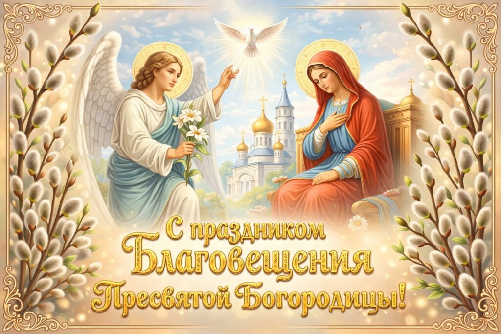 Ангел приносит благую весть Марии С Праздником Благовещения Пресвятой Богородицы открытка
