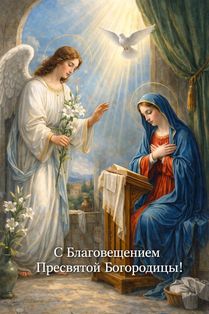 С Благовещением ангел. Мария и голубь открытка