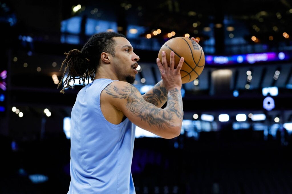 Mar 17, 2025; Sacramento, California, USA; Memphis Grizzlies forward Brandon Clarke (15) warms up before the game against the Sacramento Kings at Golden 1 Center. Mandatory Credit: Sergio Estrada-Imagn Images