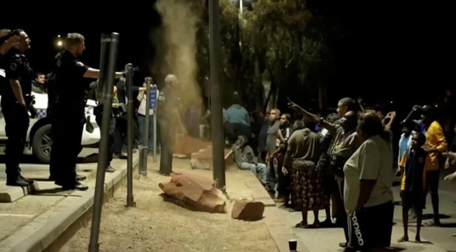 Community unrest outside Alice Springs Hospital, where a 47-year-old man arrested in connection with the alleged killing of five-year-old Kumanjayi Little Baby was taken, in Alice Springs, Australia, released May 1, 2026, in this screengrab taken from a video.