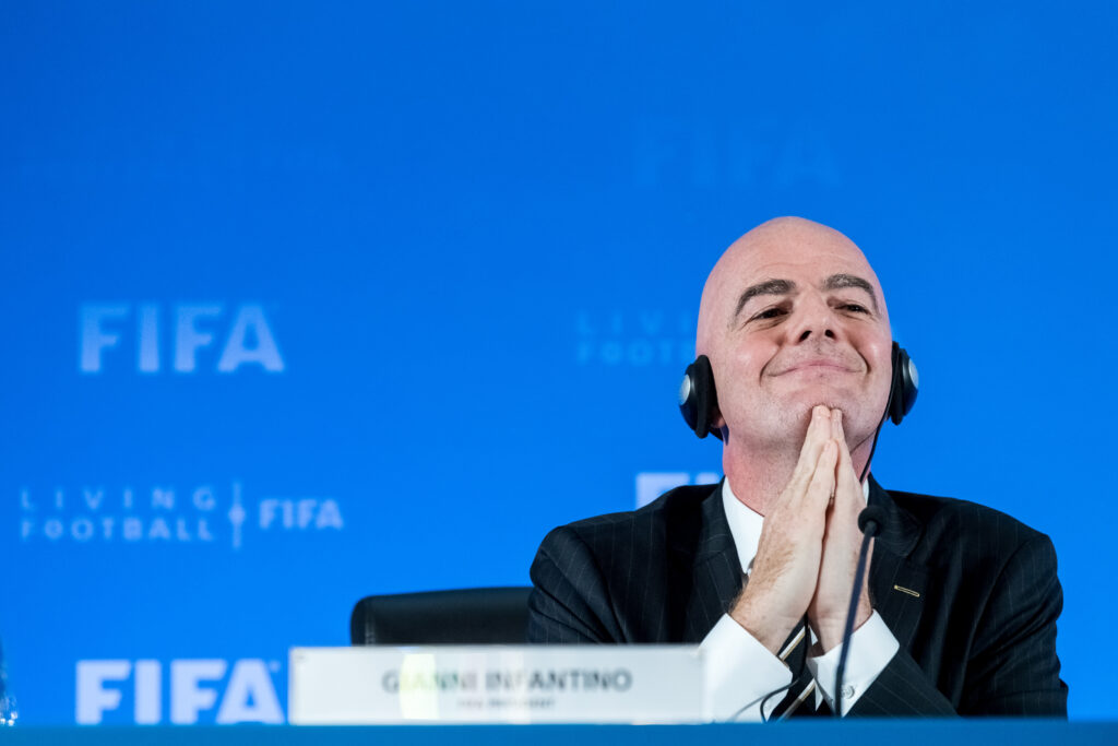 Gianni Infantino, the current president of FIFA, attends the FIFA Council Meeting at which FIFA officially announces that 2021 FIFA Club World Cup will be held in China, in Shanghai, China, 24 October 2019. *** Local Caption *** fachaoshi